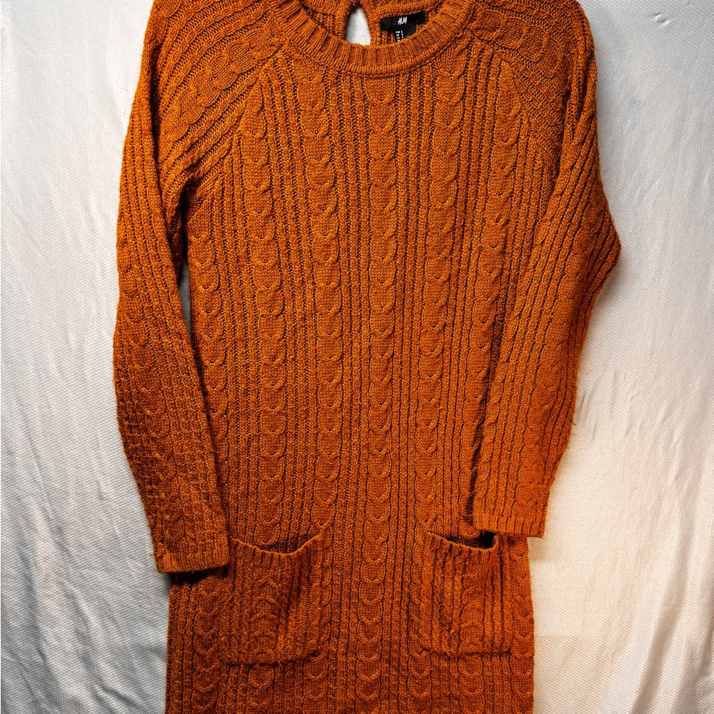 H&M Cable Knit Sweater Dress W/ Front Pockets - Dark Rust/Orange - Size Small
